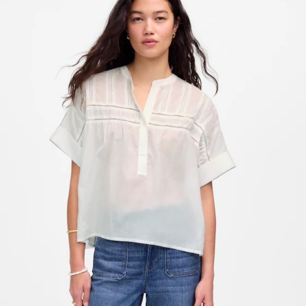 MADEWELL Lace-Inset Pintucked Henley Blouse Shirt Top Size Small